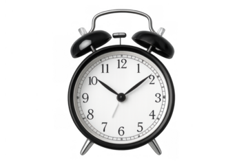 Black old fashioned alarm clock showing ten past ten on transparent background, symbolizing deadlines and mornings