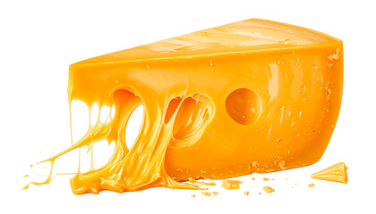A triangular block of melted cheddar cheese with stringy drips and holes on a black background