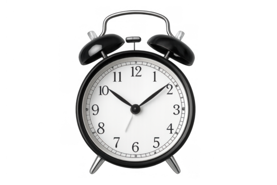 Black old fashioned alarm clock showing ten past ten on transparent background, symbolizing deadlines and mornings