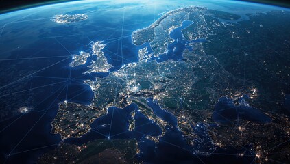 Global telecommunication network over a continent seen from orbit featuring integrated 5G LTE mobile internet, worldwide WiFi access, IoT tech, and blockchain finance systems