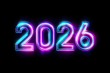 glowing holographic 2026 typography surrounded by vibrant purple and cyan neon haze creating a futuristic luminous atmosphere
