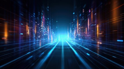 Concept of economic risk trends and financial instability. A futuristic digital landscape with glowing lines and lights, creating an impression of depth and high-tech movement.