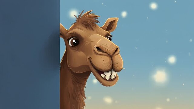 Cartoon camel peeks from edge, smiling with buck teeth against a starlit blue sky