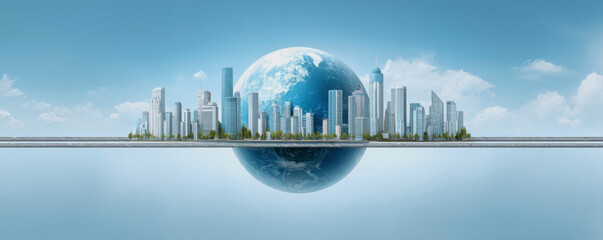 Concept of economic risk trends and financial instability. A futuristic cityscape merges with a globe, symbolizing harmony between urban living and the earth, set against a bright blue sky.
