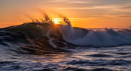 Fototapeta premium Golden Crest: A majestic wave, backlit by a radiant sunset, crashes with power and grace, capturing the raw energy and beauty of the ocean.