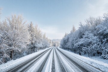 Fototapeta premium A stunning winter panorama unfolds as pristine snow blankets the woods, cloaking the trees and transforming the roadway into a shimmering icy trail beneath a cloudless sky.
