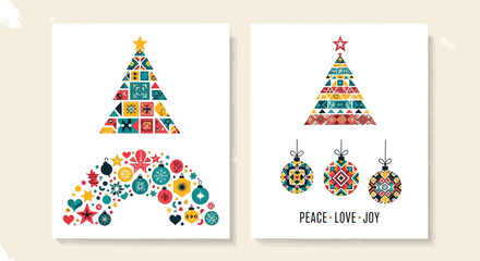 Set of two modern Christmas greeting cards with stylized trees, ornaments, and festive text.