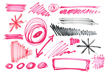 Photo grunge hand drawn scribble lines, geometric shapes, hatching black and red felt-tip pen,...