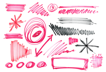 Photo grunge hand drawn scribble lines, geometric shapes, hatching black and red felt-tip pen, isolated on white, clipping path