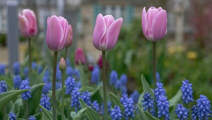 Pink lavender tulips named 'Candy Prince' alongside blue Aubrieta x cultorum flowers flowering in a garden during April. Tulips belong to the lily family, Liliaceae.