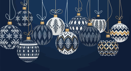 Elegant Christmas ornaments in blue and white with gold accents, hanging against a dark blue background.