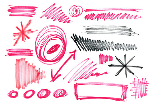 Photo grunge hand drawn scribble lines, geometric shapes, hatching black and red felt-tip pen, isolated on white, clipping path	