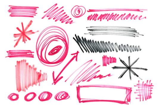 Photo grunge hand drawn scribble lines, geometric shapes, hatching black and red felt-tip pen, isolated on white, clipping path	