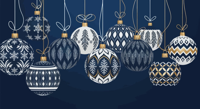 Elegant Christmas ornaments in blue and white with gold accents, hanging against a dark blue background.