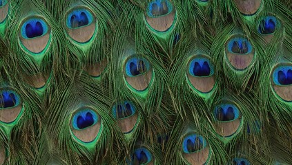 Detailed macro shot of bright peacock plumes featuring shimmering blues, greens, and purples with complex eye-like designs and delicate textures