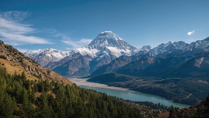 Snow-Capped Majestic Summit in a Mountainous Region Embraced by Nature and Tourism