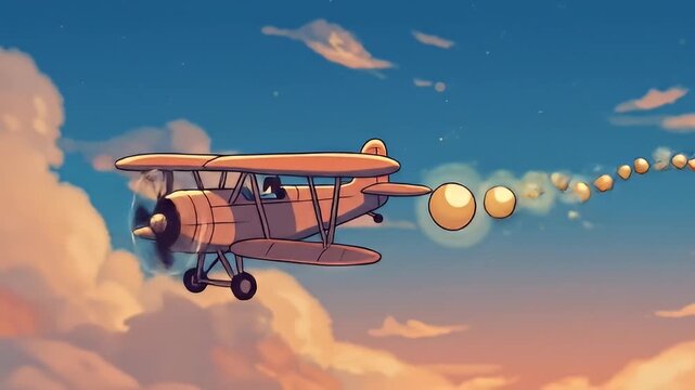 Cartoon biplane in sunset sky emitting string of glowing orbs, whimsical, dreamy style