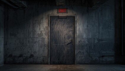 Close-up of a metal door embedded in a concrete wall with dust accumulation, showcasing an industrial design.