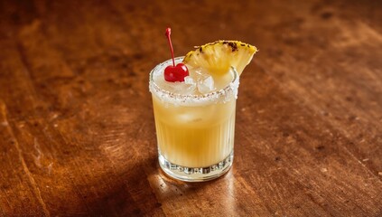 Cocktail with pain relief properties presented in a glass on a wooden table