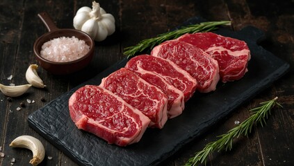 Raw Angus Striploin prepared for steak with herbs, garlic, rosemary, black pepper, and pink Himalayan salt on a dark wooden board.