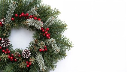 Close-up shot of a holiday wreath crafted from noble fir, cedar, white pine, and rosehips, displayed against a white backdrop for the festive season.