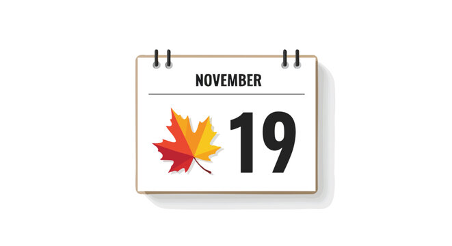 Symbolic november 19th date highlighted with seasonal autumn leaf accent for fall event reminders or holiday planning calendars or schedule - Powered by Adobe