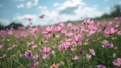 Fototapeta premium Vibrant pink Cosmos blossoms under a clear blue sky
