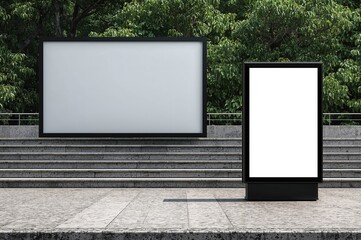 Huge empty billboard advertisement display mockup near steps with greenery backdrop; digital illuminated screen for outdoor media.
