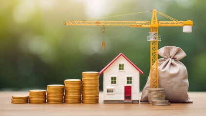 Residential building and piling gold coins with growth alongside construction equipment and hoist brake options featuring a money sack for funding a new property in a community green space, financial