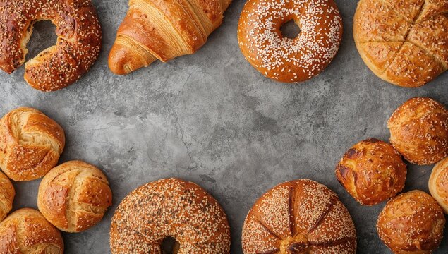 Various bread types from bakeries including bagels, croissants, sweet buns, and rolls seen from a top-down perspective on a gray stone surface
