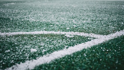 A light dusting of snow blankets the synthetic turf on a local soccer pitch, revealing patches of vibrant green beneath in early spring.