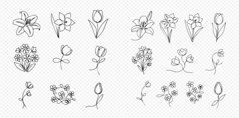 Set of elegant continuous line art illustrations featuring various spring flowers like lilies, daffodils, and tulips, along with delicate floral bouquets.