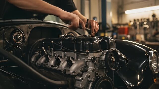 Hands work on a shiny black engine in an auto shop, car visible, tools in the background