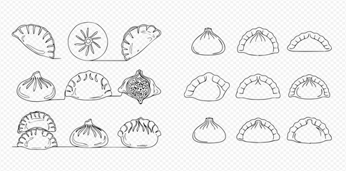 Detailed black and white line art illustrations of various dumpling types, including khinkali and gyoza, shown whole and in cross-section.