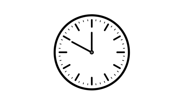 A white clock face showing almost noon, on a stark black background with simple lines for markers