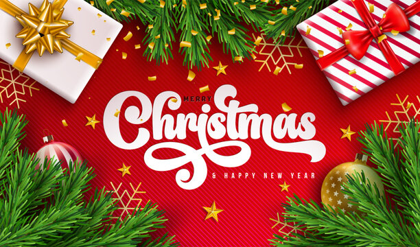 Merry Christmas and Happy New Year Greeting Card Banner with Fir Branch, Gift Box and Typography Lettering on Red Background. Vector Xmas Holiday Season Design with Decoration Elements for Party Flyer