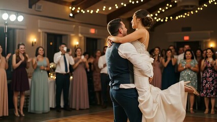 Bride lifted by groom during their first dance; guests watch and clap at indoor venue