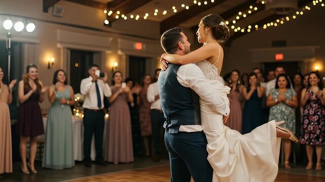 Bride lifted by groom during their first dance; guests watch and clap at indoor venue