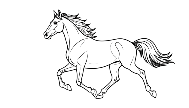 A white horse, rendered as a linework illustration, in motion with windblown mane and tail