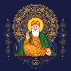 guru nanak jayanti festival illustration with guru nanak dev ji sitting on floral background