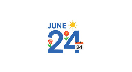Cheerful June 24th Date Illustration with Sun, Flowers, and Calendar Markings