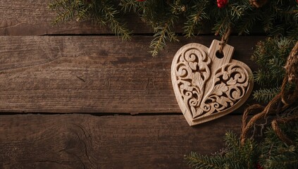 Wooden background with a heart shape, holiday-themed heart
