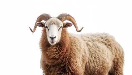 Alpine mountain sheep posed against a plain white backdrop