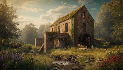 Ancient remains of a deserted flour mill amidst nature