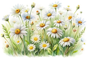 Fototapeta premium A vibrant watercolor painting of a field of white daisies with yellow centers and green stems and leaves