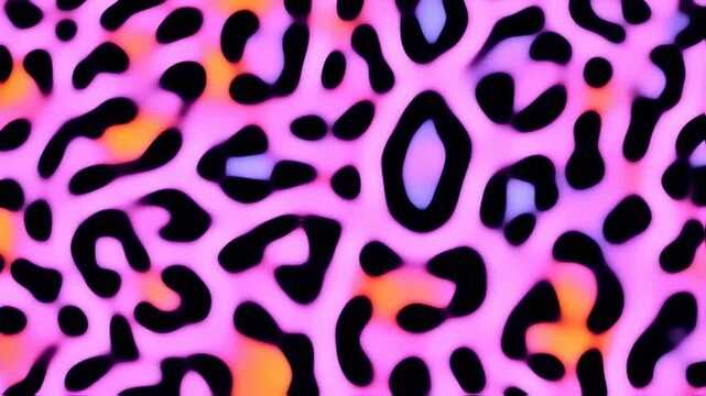 Abstract, close-up of a vibrant leopard spot pattern in pink, orange, purple, and black