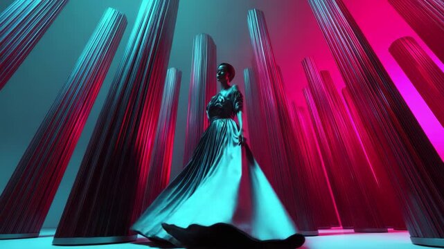 A captivating figure in an elegant gown stands amidst striking, illuminated columns, embodying a fusion of modern fashion and architectural artistry, blending light and shadow in a mesmerizing tableau