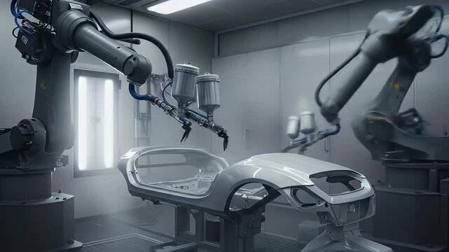 Automotive factory robot arms paint a car chassis in a sterile manufacturing environment
