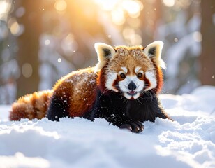 A cute red panda rolling and playing in fresh white snow, fluffy fur covered with snowflakes, joyful expression, bright winter sunlight, forest background