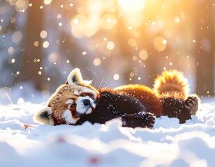 A cute red panda rolling and playing in fresh white snow, fluffy fur covered with snowflakes, joyful expression, bright winter sunlight